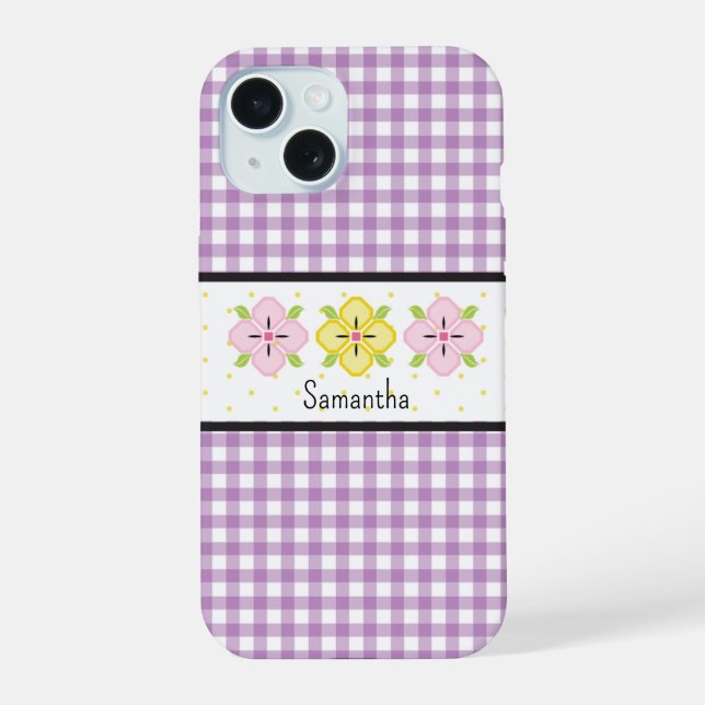 Purple Gingham Plaid Floral Monogram iPhone 15 Case (Back)