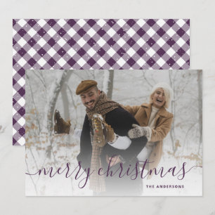 Purple Gingham Plaid Photo Merry Christmas Holiday Card