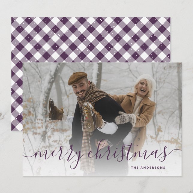 Purple Gingham Plaid Photo Merry Christmas Holiday Card (Front/Back)
