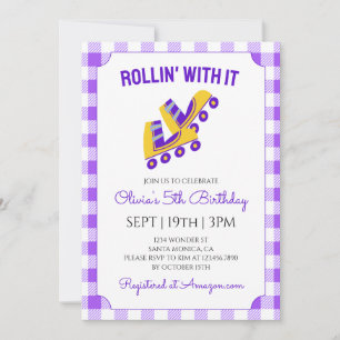 Purple Gingham Roller Skating Birthday Party Invitation