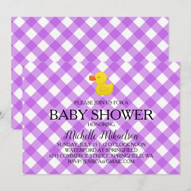 Purple Gingham Rubber Duckie Baby Shower Invitation (Front/Back)