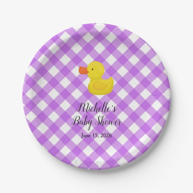 Purple Gingham Rubber Duckie Baby Shower Paper Plate (Front)