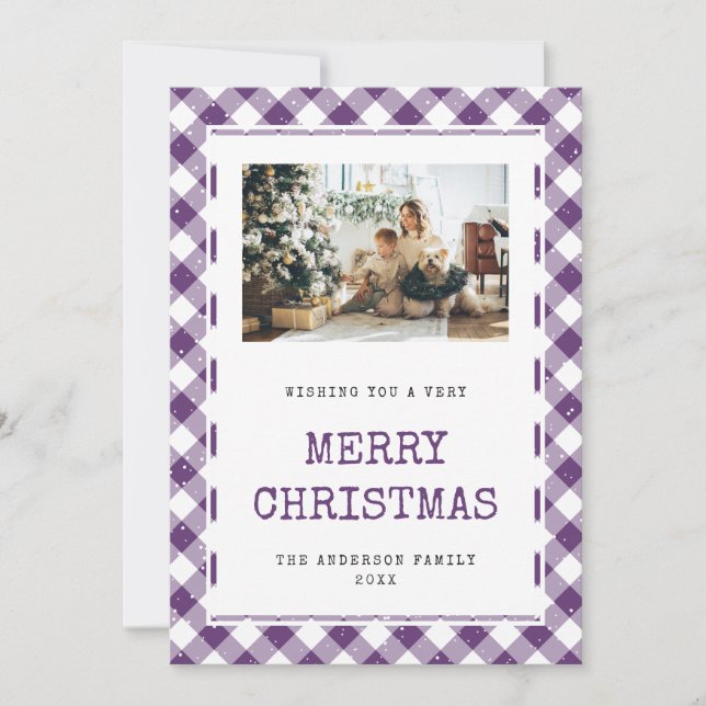 Purple Gingham Snow Photo Merry Christmas Card (Front)