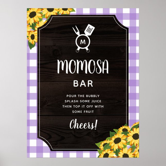 Purple Gingham Sunflowers Monogram Momosa Bar Poster (Front)