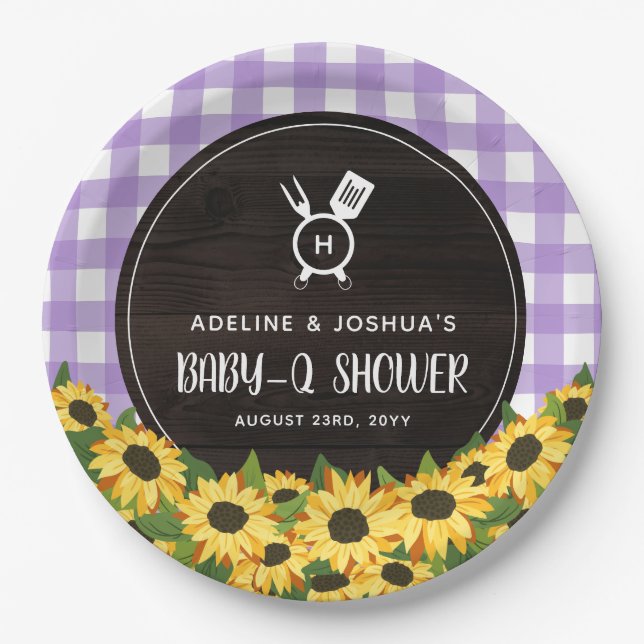 Purple Gingham & Sunflowers Rustic Baby-Q Shower Paper Plate (Front)