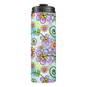 Purple Gingham with Hand-drawn Flowers and Vines Thermal Tumbler
