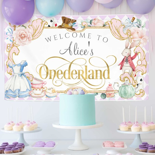 purple girl 1st birthday, Alice Onederland banner (Purple, girl 1st birthday, alice onederland biryhday party banner.)