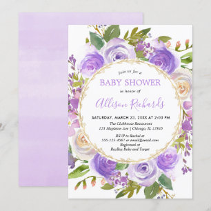 Purple girl baby shower, floral lavender lilac invitation