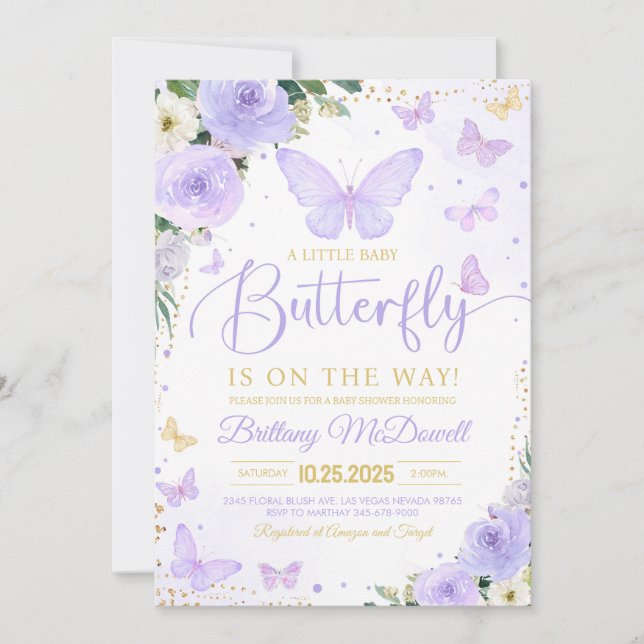 Purple Girl Butterfly Theme Baby Shower Invitation (Front)