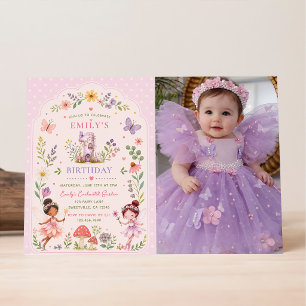 Purple Girl Fairy Garden First Birthday Party Invitation
