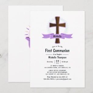 Purple Girl First Holy Communion Invitation