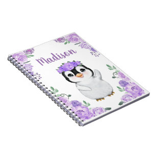Purple Girl Penguin Floral Spiral Photo Notebook