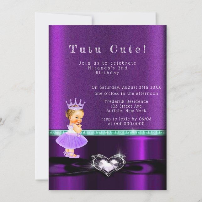 Purple Girl Princess TuTu Cute 2nd Birthday Party Invitation (Front)