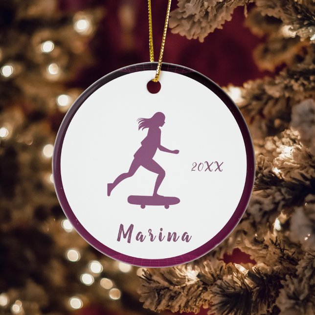 Purple Girl Skater Skating Kids Name Cute & Pretty Ceramic Tree Decoration (Creator Uploaded)