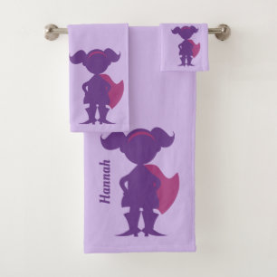Purple Girl Superhero Silhouette Personalised Kids Bath Towel Set