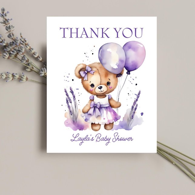 Purple girl teddy bear baby shower thank you card (Girl teddy bear baby shower thank you card cute teddy bear with a purple dress balloons thank you)