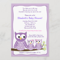 Purple Girl Twin Hoot Owls Baby Shower Invitation