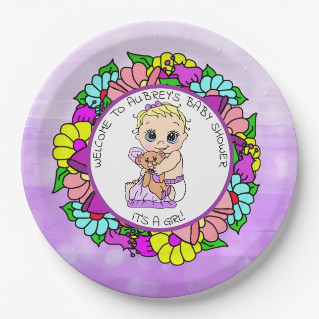 Purple Girl's Baby Shower, Baby with Teddy Bear Paper Plate (Front)