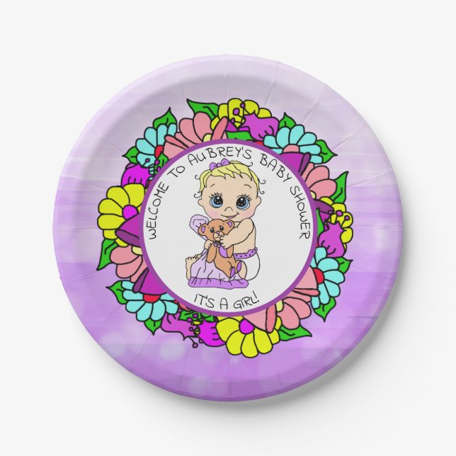 Purple Girl's Baby Shower, Baby with Teddy Bear Paper Plate (Front)