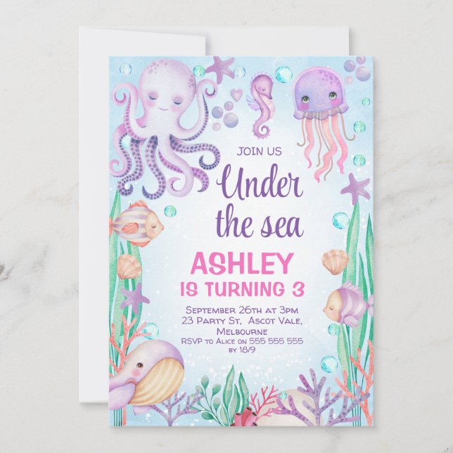 Purple Girls Under The Sea Octopus Birthday Invitation (Front)