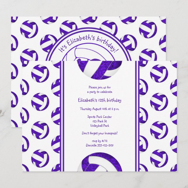 purple girls' volleyball birthday party invitation (Front/Back)