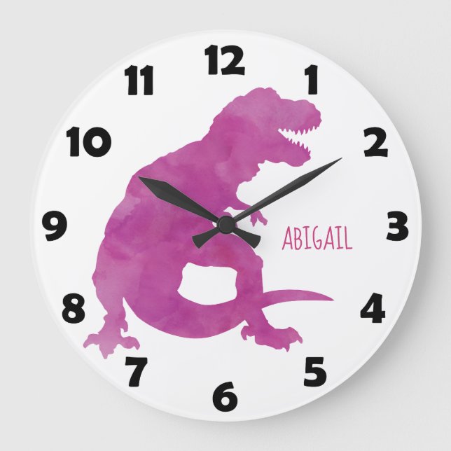 Purple Girls Watercolor Dinosaur Personalized Kids Large Clock (Front)