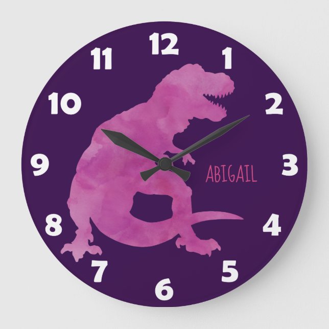 Purple Girls Watercolor Dinosaur Personalized Kids Large Clock (Front)