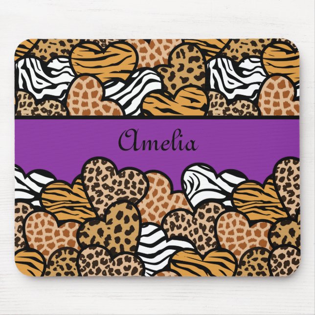 Purple Girly animal print hearts with a name Mouse Mat (Front)