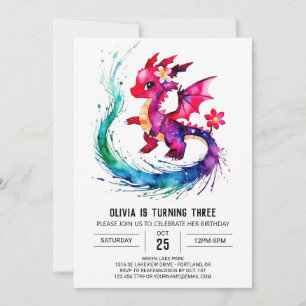 Purple Girly Dragon Digital Girl Birthday Invitation