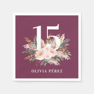 Purple girly floral pampas grass modern birthday napkin