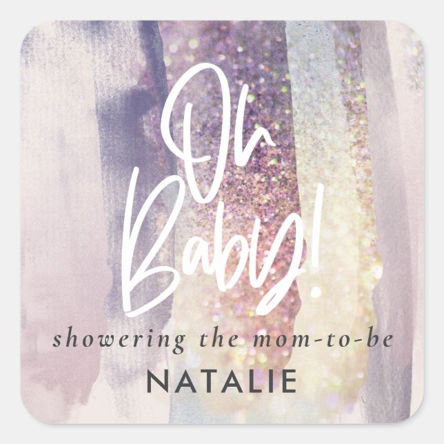Purple girly giltter baby shower part square sticker (Front)