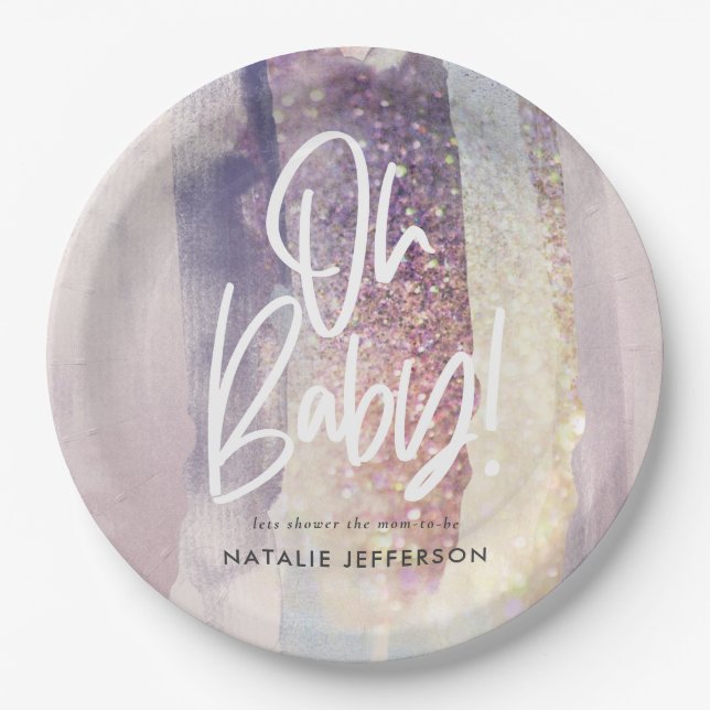 Purple girly giltter baby shower party paper plate (Front)