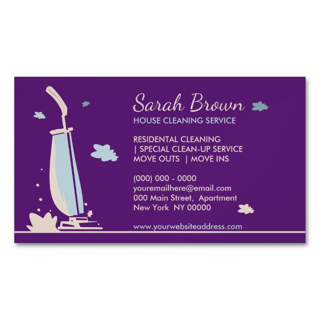 Purple Girly Vacuum Cleaner House Cleaning Service Magnetic Business Card (Front)