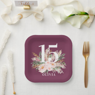 Purple girly watercolor floral elegant birthday  paper plate