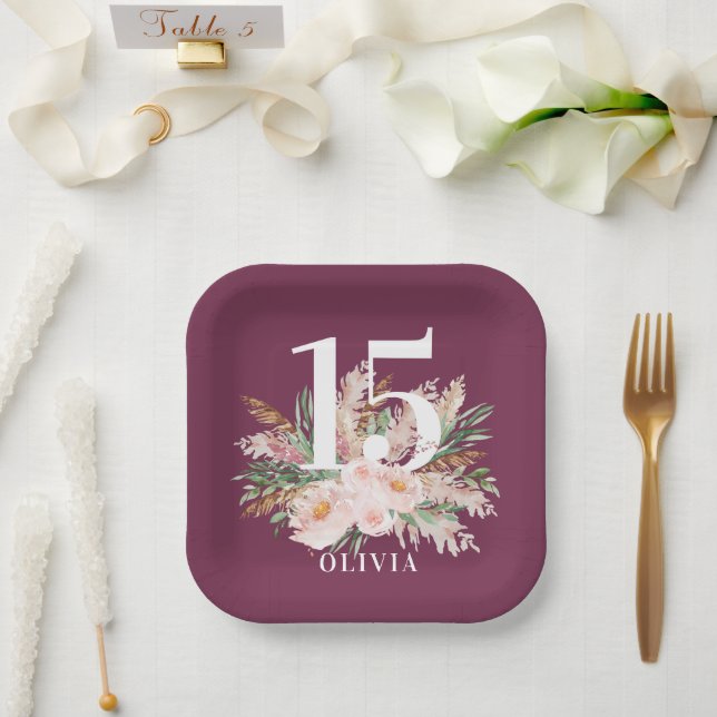 Purple girly watercolor floral elegant birthday  paper plate (Wedding)