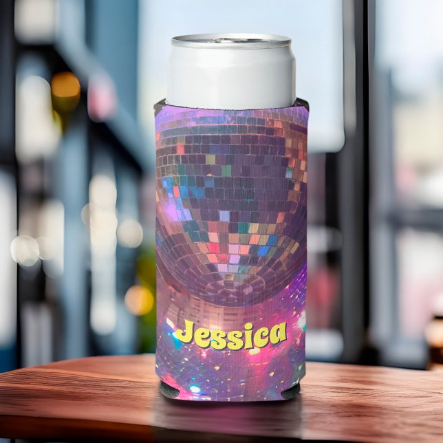 Purple Glam Disco Party Mirror Ball Bachelorette Seltzer Can Cooler (Creator Uploaded)