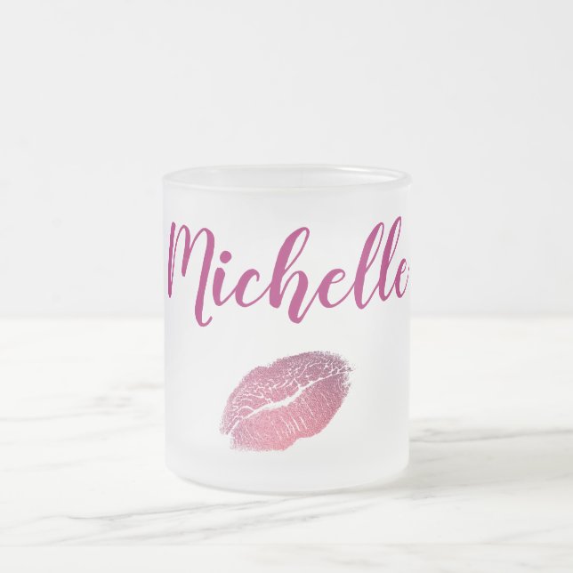 Purple Glam Lips Frosted Glass Coffee Mug (Center)