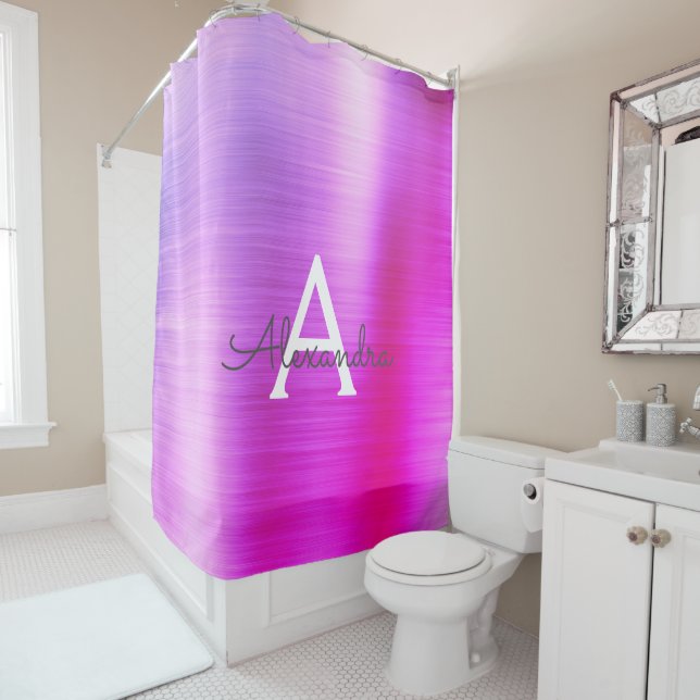 Purple Glam Metallic Modern Monogram Shower Curtain (In Situ)