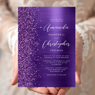 Purple Glam Metallic Modern Script Wedding Invitation