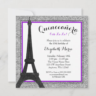 Purple Glam Paris Faux Silver Glitter Quinceanera Invitation