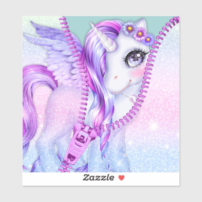 Purple Glam Pastel White Unicorn Peek-A-Boo Zipper (Sheet)