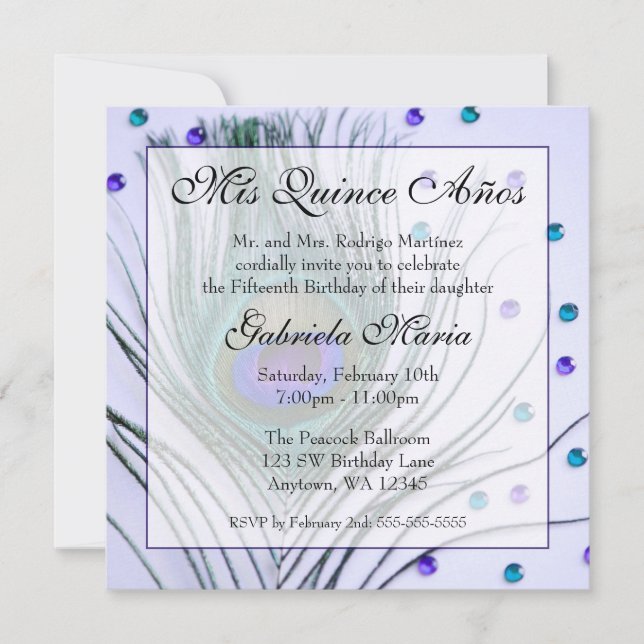 Purple Glam Peacock Feather Quinceanera Birthday Invitation (Front)