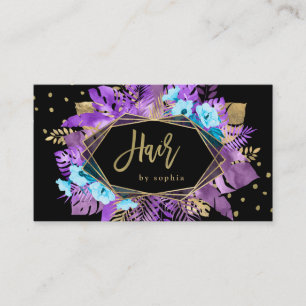 Purple Glam Tropical Gold Leaves on Black   Hair Business Card