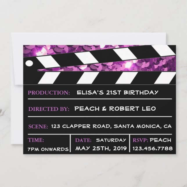 Purple Glamour Clapper Board Her Birthday Invite (Front)
