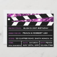 Purple Glamour Clapper Board Her Birthday Invite