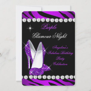 Purple Glamour Night Zebra Glitter Shoes Invitation