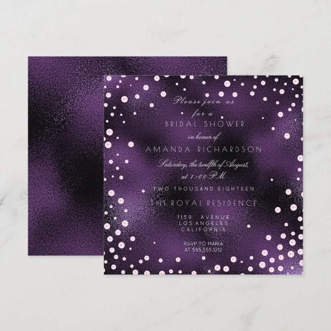 Purple Glass Pink Confetti Pearls Bridal Shower Invitation (Front/Back)