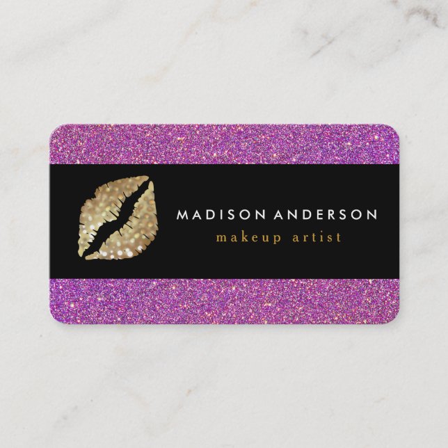 Purple Gliter Chic Gold Lips - Makeup Artist Business Card (Front)