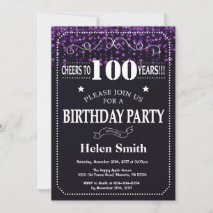 Purple Glitter 100th Birthday Invitation