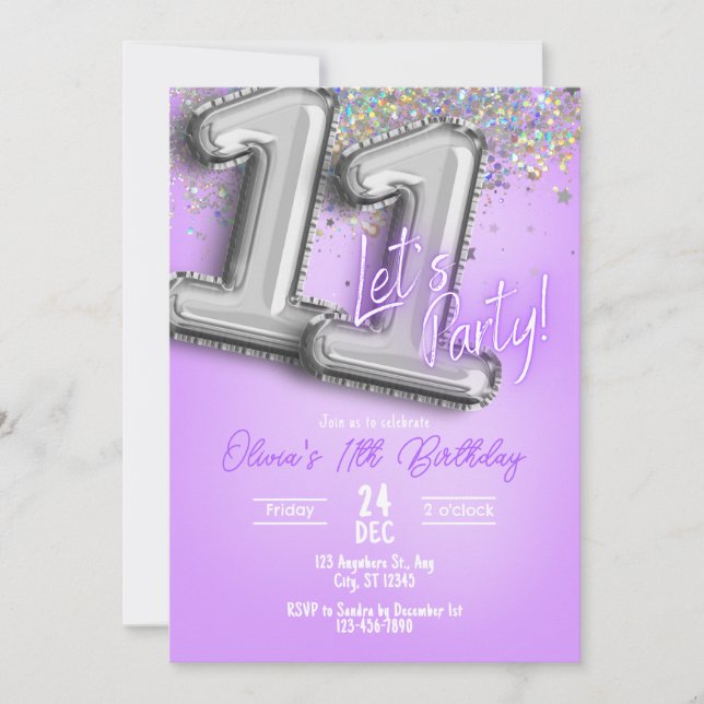 Purple Glitter 11th Birthday Invitation (Front)